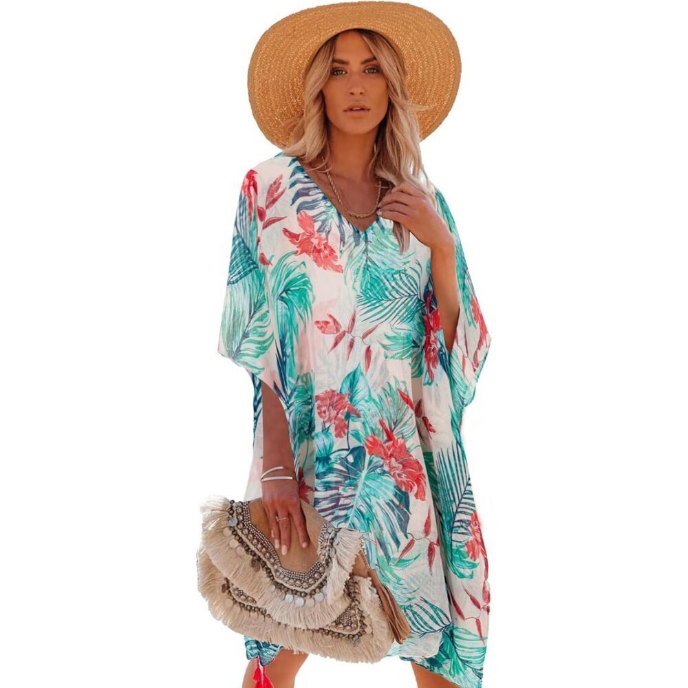 Women's Green 100% Viscose Kaftan for Bathing Swimsuit Floral Pattern Dress